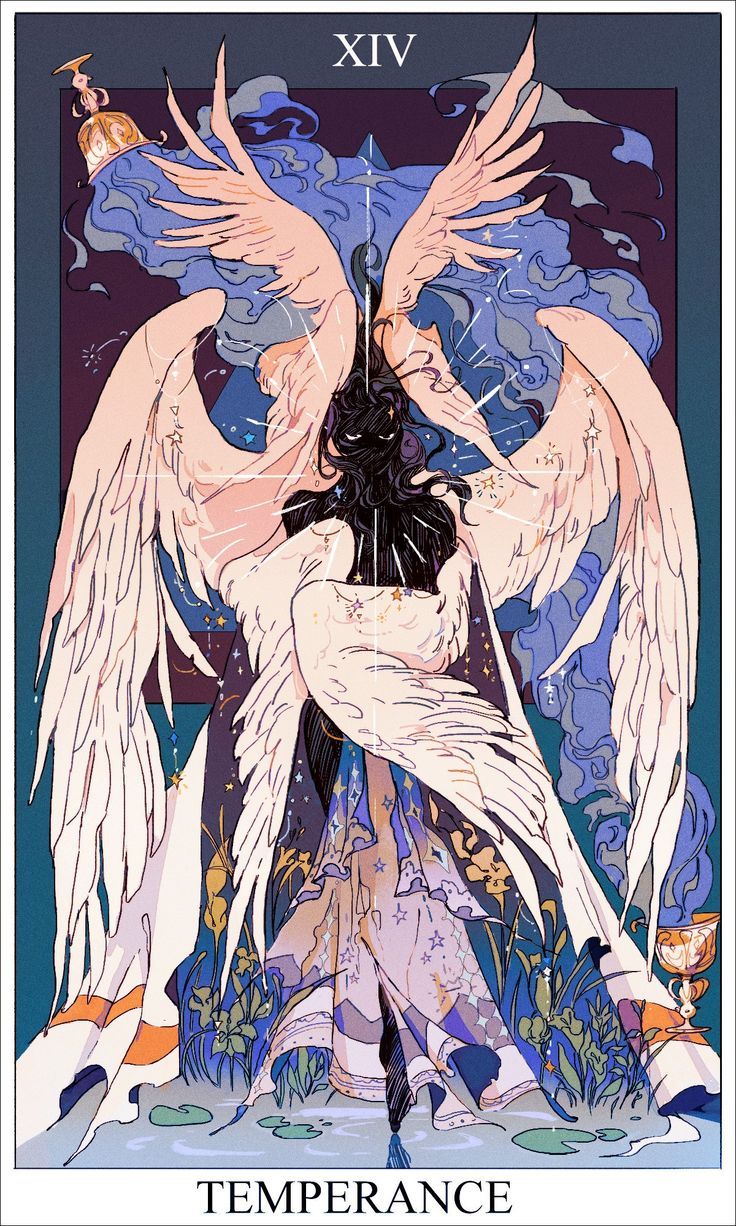 the image is of a tarot card, specifically temperance (xiv). it features an angel with large, pale pink wings and black hair standing in water. the angel is wearing a white robe adorned with stars and other celestial designs. in the background, there are blue clouds and stars. on the left and right sides of the angel, there are golden cups. the word "temperance" is written at the bottom of the card. the overall color scheme is blue, white, gold, and pink.