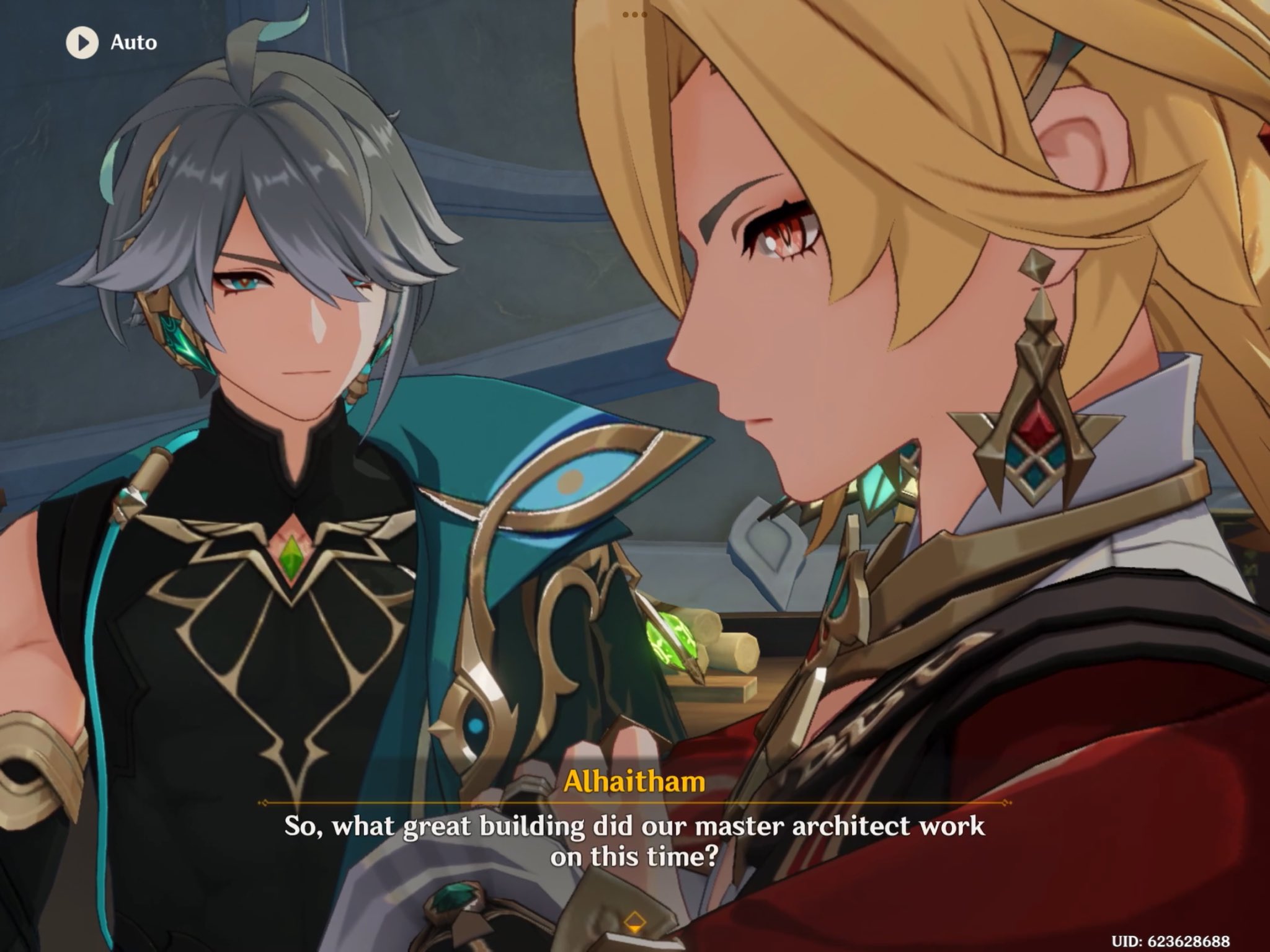a screenshot from the game "genshin impact" featuring the characters alhaitham and a female character. alhaitham is on the left side of the screen and is wearing a black and gold outfit. the female character is on the right side of the screen and is wearing a red and gold outfit. the game dialogue is visible and suggests that alhaitham is asking the female character about a "master architect" who may have worked on a building.