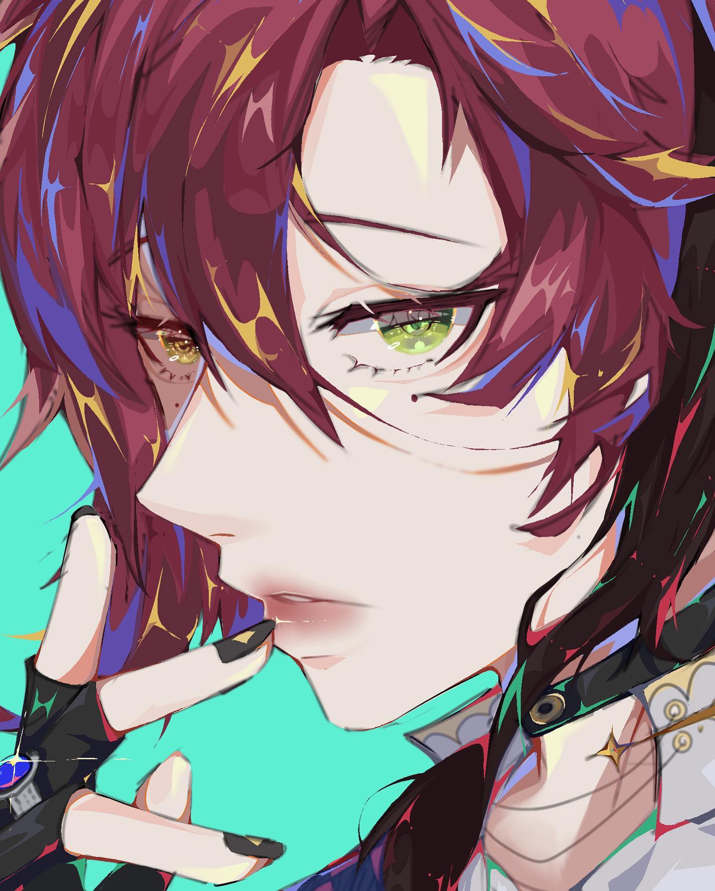 he image is a closeup digital painting of an animestyle character.  the character has long, vibrant red hair with streaks of blue and purple, and striking green eyes. their expression is somewhat melancholic or pensive. they are wearing dark gloves with a jewellike detail, a dark collar with gold accents, and what appears to be a partially visible white shirt or collar underneath. the background is a simple, bright teal color. the art style is highly stylized and features bold lines, vibrant colors, and a painterly texture. the overall mood is dramatic and evocative.