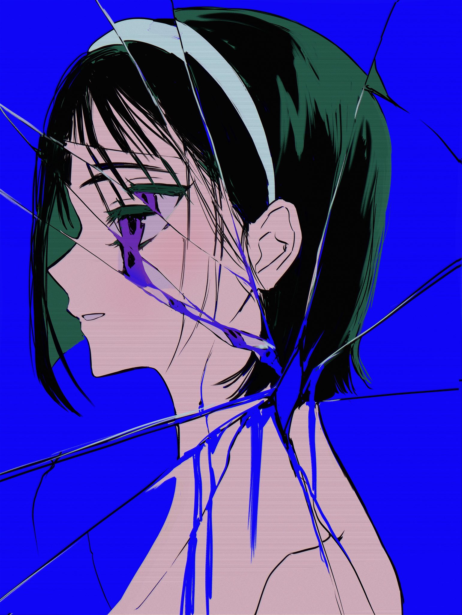 the image is a digital art piece that depicts an animestyle woman with black hair and a white headband. she is surrounded by broken glass, which is bleeding purple. the woman is crying, and her expression is one of pain and sorrow. the image is dark, gothic, and disturbing, and it evokes a sense of despair and hopelessness. it is a metaphor for the pain and suffering that can come from broken relationships and trauma.