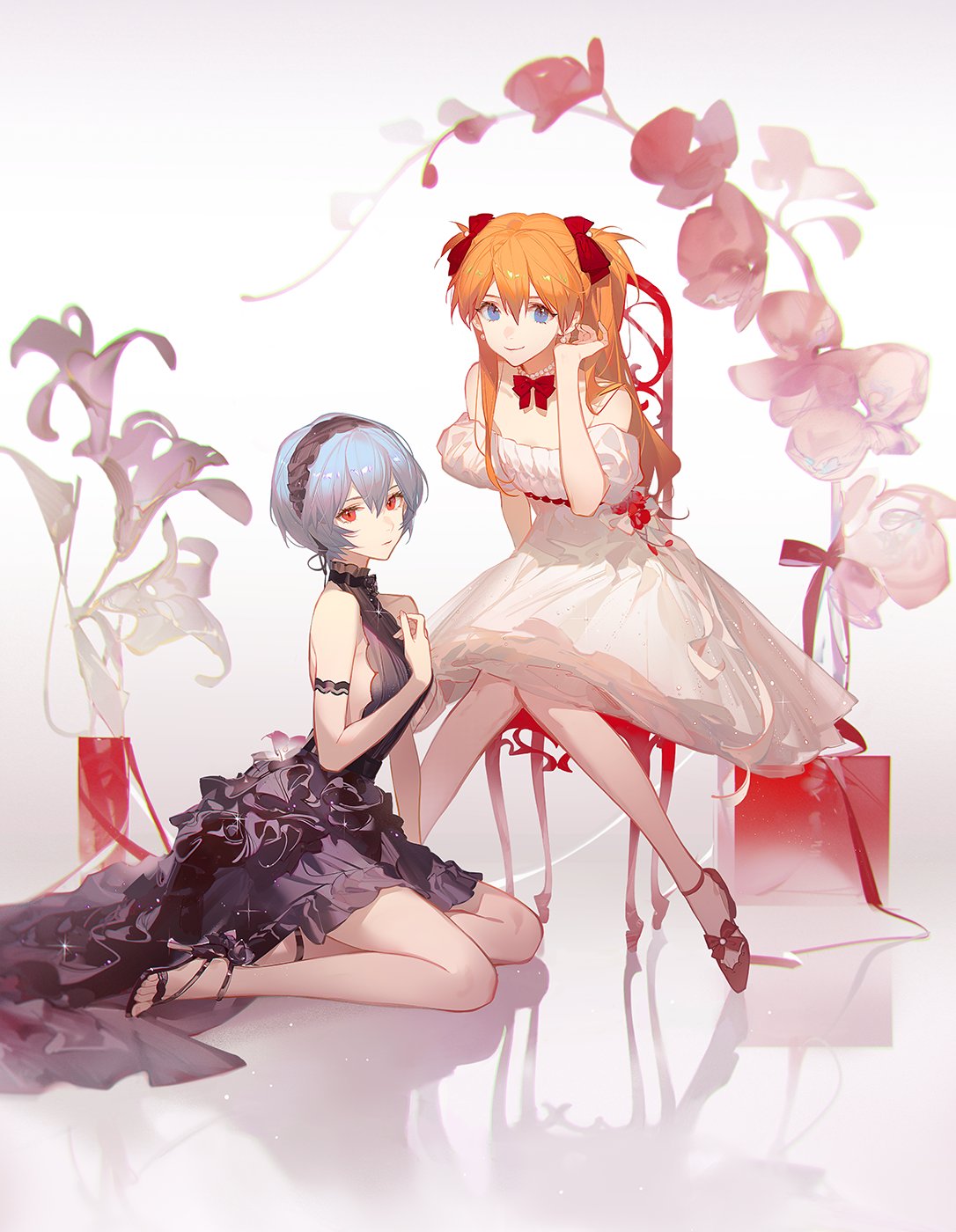 the image is a portrait of rei ayanami and asuka langley sohryu, two characters from the anime series neon genesis evangelion. they are both dressed in elegant gowns. rei is kneeling and wearing a black dress, while asuka is sitting and wearing a white dress. they are surrounded by flowers in pastel colors.