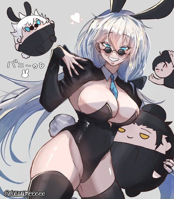 the image is a digital drawing of an animestyle female character dressed in a black bunny girl bodysuit. she has long, white hair, is wearing sunglasses, and is striking a playful pose.  there are three smaller chibistyle characters surrounding her, seemingly mascots or companions. the overall style is cute and slightly suggestive, blending elements of kawaii and a more mature aesthetic. the background is a simple grey.