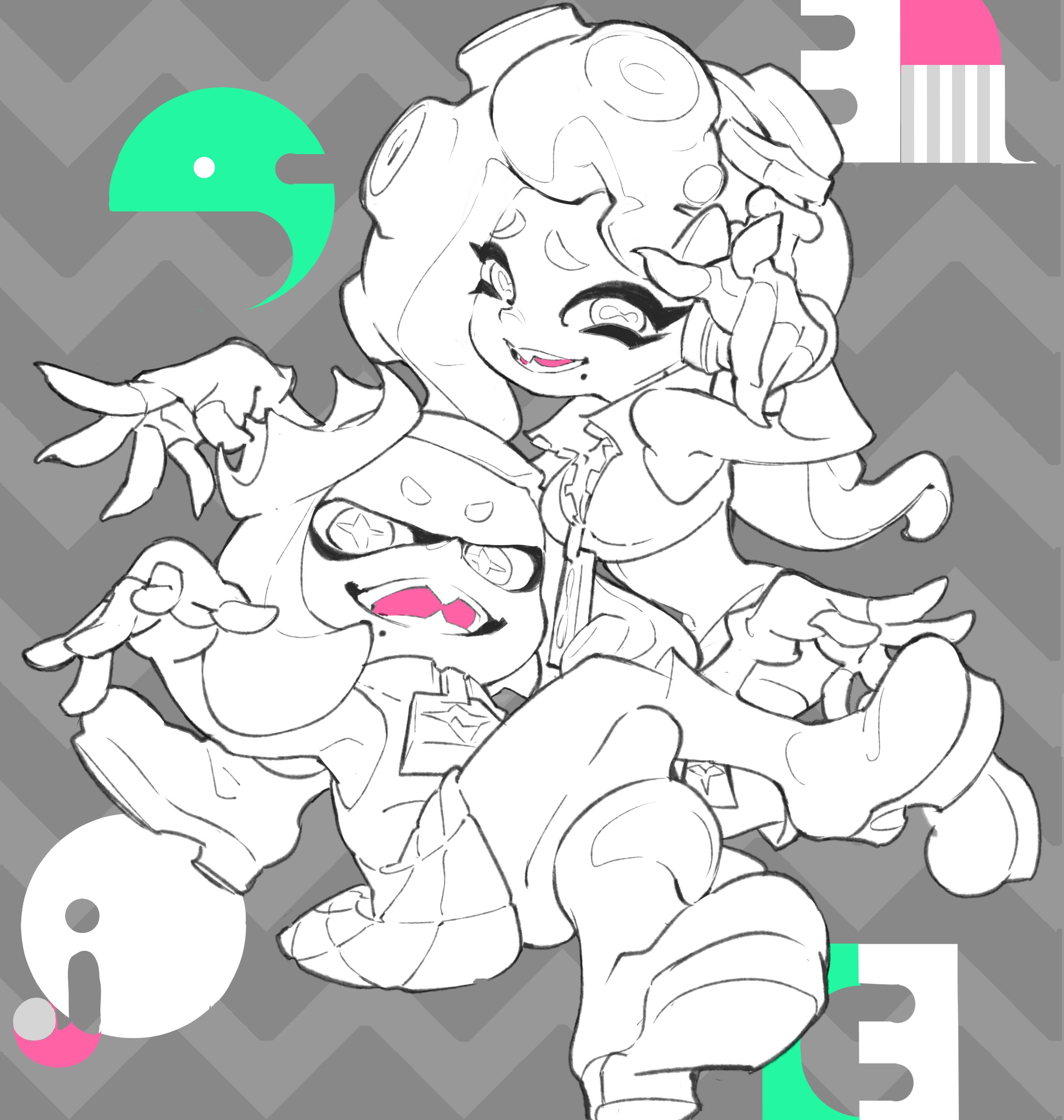 this black and white digital sketch features the squid sisters, callie and marie, from splatoon. callie sits atop marie with both striking dynamic, playful poses. the background is a simple gray chevron pattern with white outlines of the squid sisters' signature icons. touches of color highlight their eyes and the background icons. the image captures their energy and playful personalities.