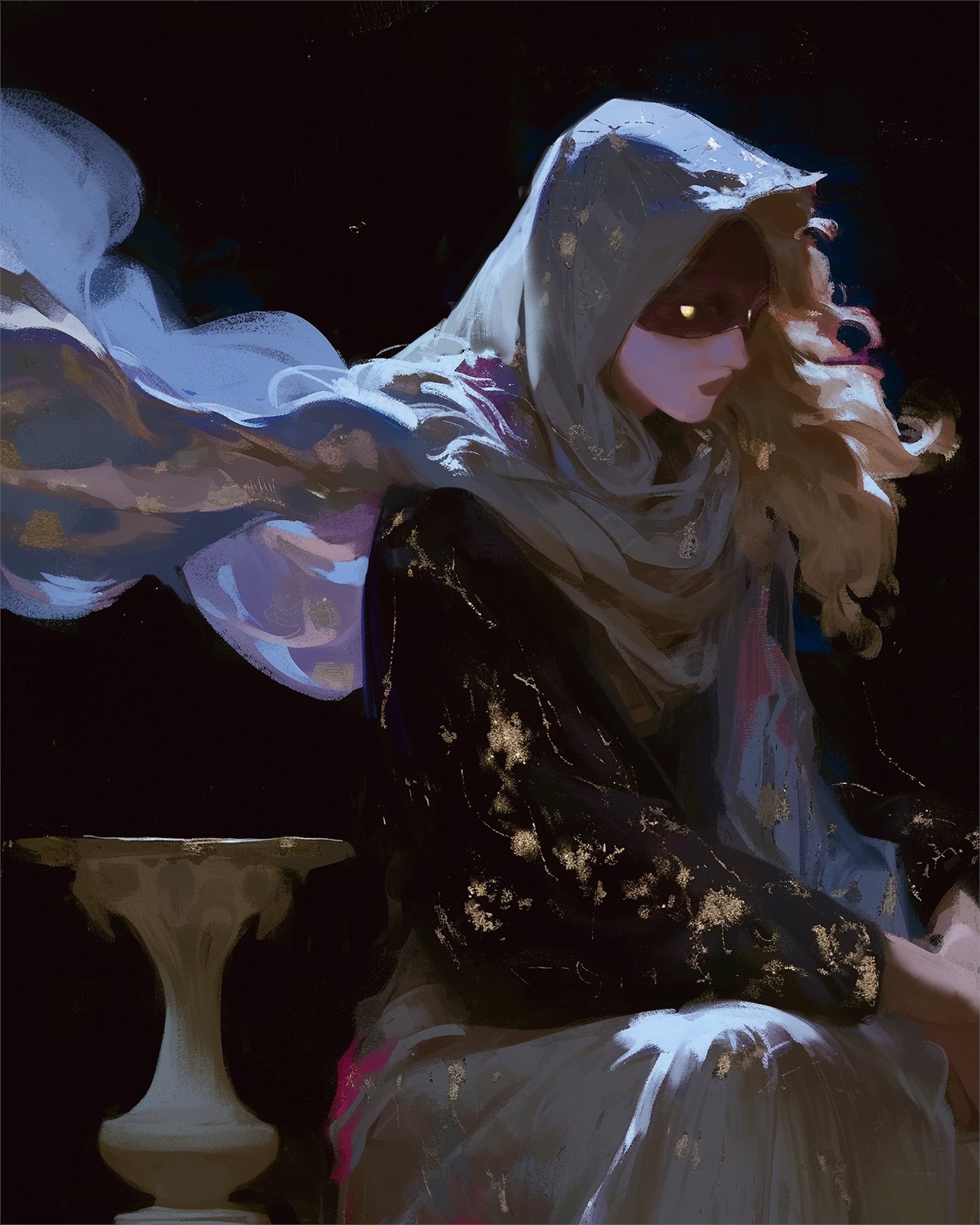 a digital painting of a woman in a hooded cloak with a veil covering her face. the woman is dressed in a dark, flowing garment with gold accents. the background is dark and mysterious. the woman's expression is hidden behind the mask, adding to the mysterious nature of the image. the artist has used a lot of detail in the painting, from the folds of the cloak to the textures of the woman's skin. the overall effect is one of elegance and mystery.