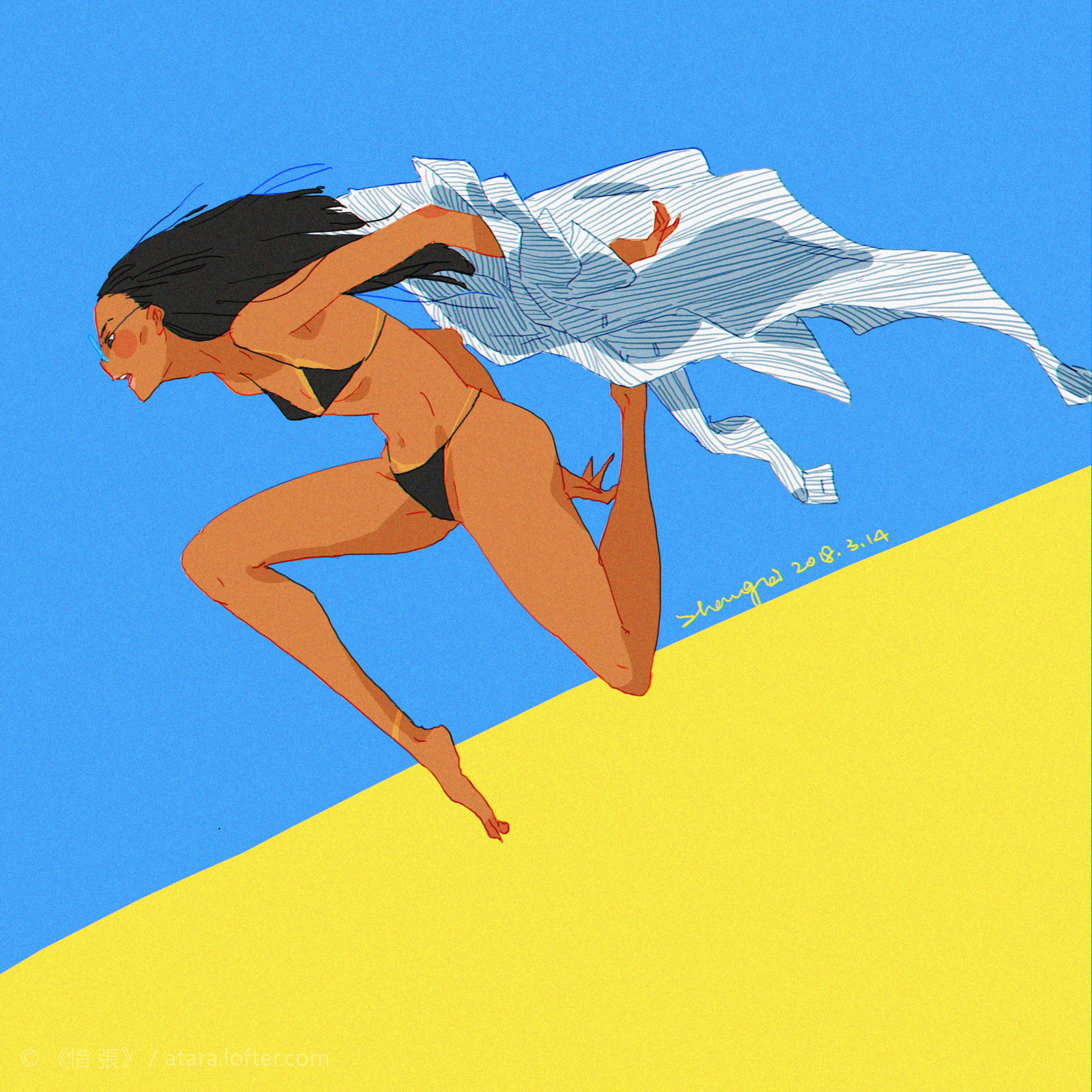 a woman with long black hair is depicted running across a beach while wearing a bikini and a white shirt. the image is stylized as an anime or manga style, with vibrant colors and exaggerated movement. the woman is depicted with a happy smile and a dynamic pose, suggesting fun and energy. the beach is represented in yellow and the sky in blue. the whole image is dynamic and vibrant, creating a sense of movement and flow.
