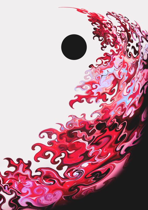 an abstract interpretation of the yin yang symbol with a black circle on a white background on the left and a swirling pattern of red, pink, and white on the right.