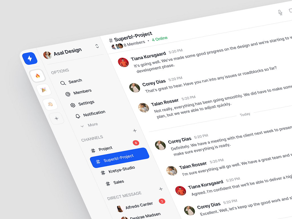 the image showcases a sleek and modern interface of a project management and communication app called "asal design." the app, potentially designed for teams, highlights features like direct messaging, channelbased conversations, and project tracking. the screenshot specifically focuses on a project channel named "superb!project," with ongoing discussions about design progress and upcoming client presentations. the color scheme is a calming blend of dark grays and blues, with pops of color for user avatars and notification badges.