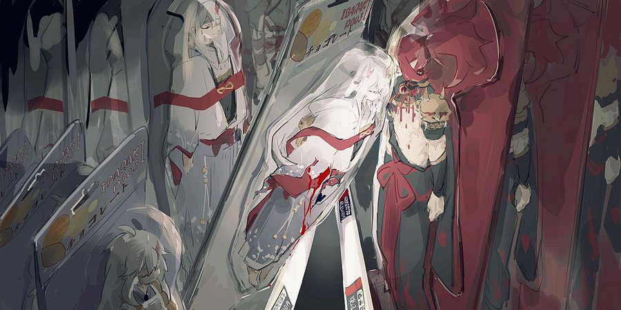 this image shows a closeup of a row of packaged anime figurines. each figurine is a girl in a different pose. the figures are all in different states of disrepair. some are broken, while others are covered in blood. the background is dark and blurry, adding to the sense of unease.