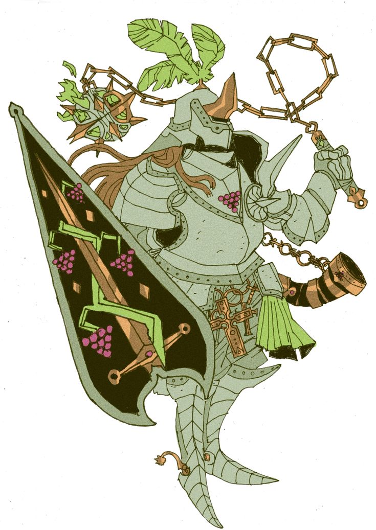 this illustration shows a knight in full armor, wielding a sword and shield, with grapes and a plant growing out of his helmet. he is holding a chain in his right hand. the knight has a  decorative, elaborate appearance, including gold accents on his armor and a sword with a green hilt. the illustration is done in a stylized, handdrawn style and uses a limited color palette, primarily green, gold, and brown.