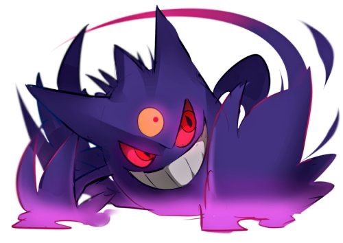 the image is a stylized digital drawing or fanart of gengar, a pokémon known for its ghosttype attributes.  the gengar is depicted in a dynamic pose, seeming to lunge forward with a mischievous, almost sinister grin. its colors are predominantly dark purple and shades of violet, with glowing red eyes and a bright orange mark on its forehead. there is a suggestion of dark energy or shadow surrounding it, emphasizing its ghostly nature. the style is animeinfluenced, with dynamic linework and expressive rendering of its features and expression. the overall tone is menacing, but also carries a playful undercurrent due to gengar's known personality.