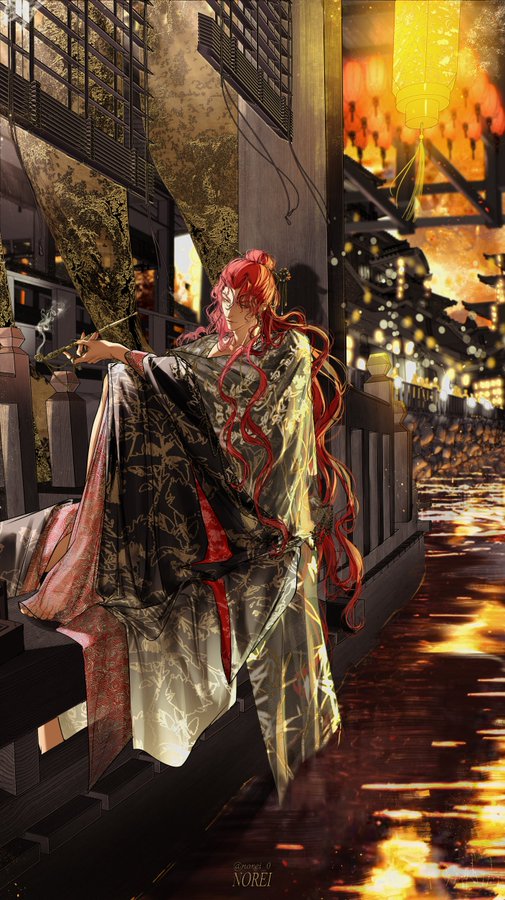 this animestyle illustration features a young woman with long red hair wearing a traditional japanese kimono. she is standing on a balcony overlooking a city at night. the city is lit up with many lanterns, and the water below is reflecting the light. there is a feeling of magic and mystery in the image.