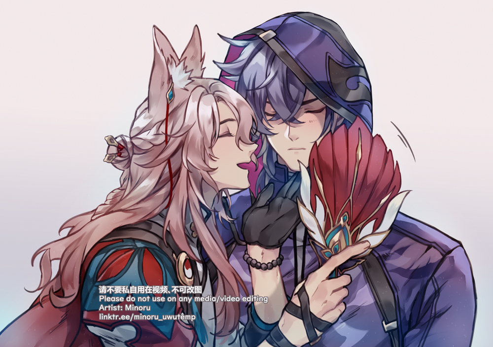 this is a fan art of ganyu and xiao from the video game genshin impact. they are hugging and kissing each other. ganyu is holding a fan in front of xiao, who is looking at her with a smile. the background is a light blue color. the art style is anime and manga. the art is very detailed and colorful. the image is also wellcomposed, with the characters being the focal point. the image is romantic and sweet, and it captures the love between ganyu and xiao.