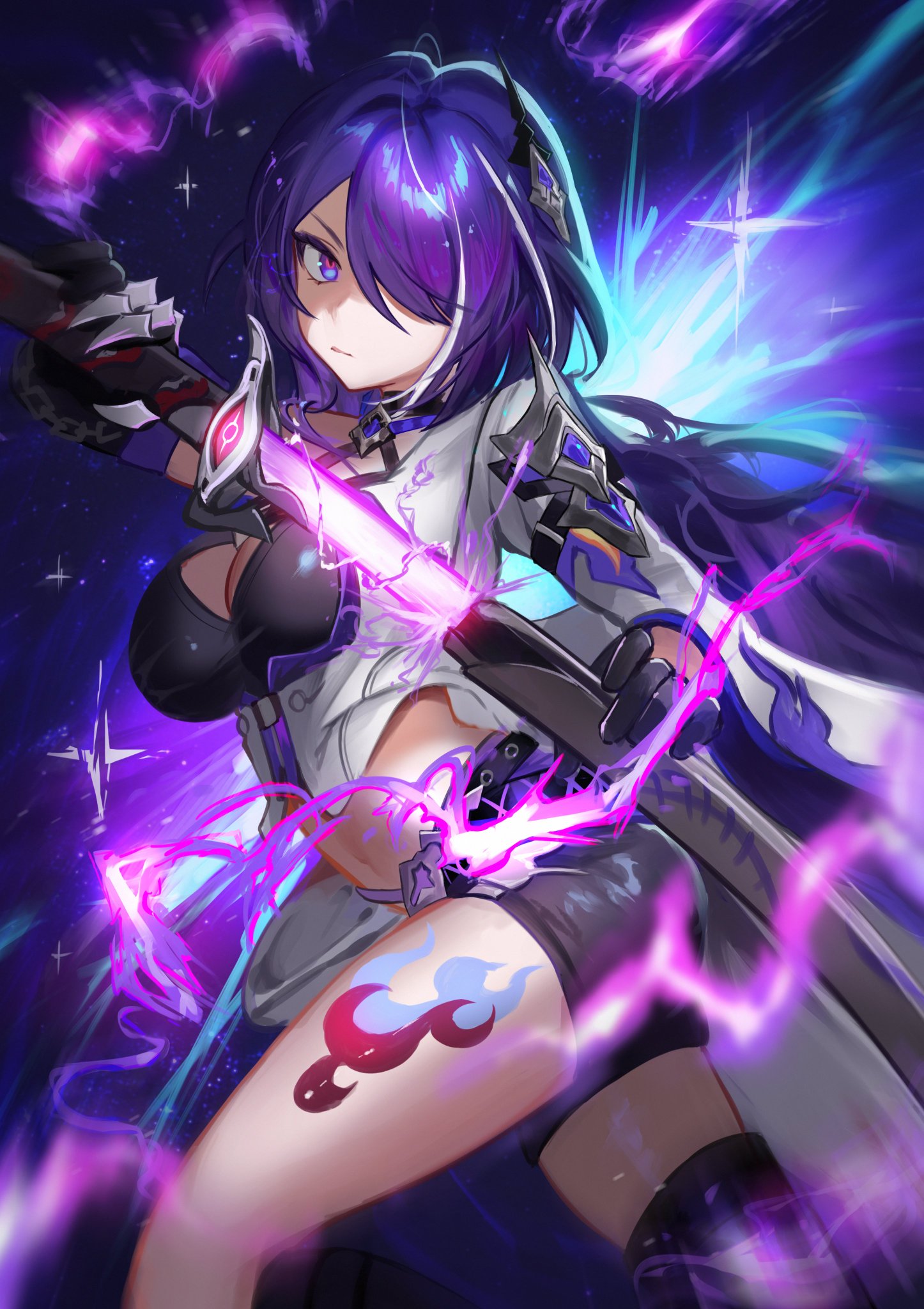 this image is a digital illustration of a woman from an anime series. she is wearing a white and black outfit with a blue and purple sword. she is holding the sword in her right hand, and her left hand is on the sword's hilt. she has long blue hair and purple eyes. she is in the midst of battle, as there is pink magic or light around her. the background is a blur of blue and purple, with streaks of white light.