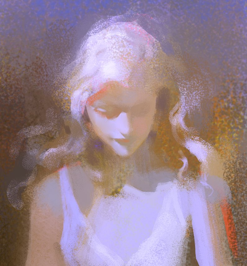 a woman in a white dress is shown in a dreamy, paintinglike digital art style, her face soft and with her eyes looking down.  the woman is soft and delicate with an air of mystery and sadness.