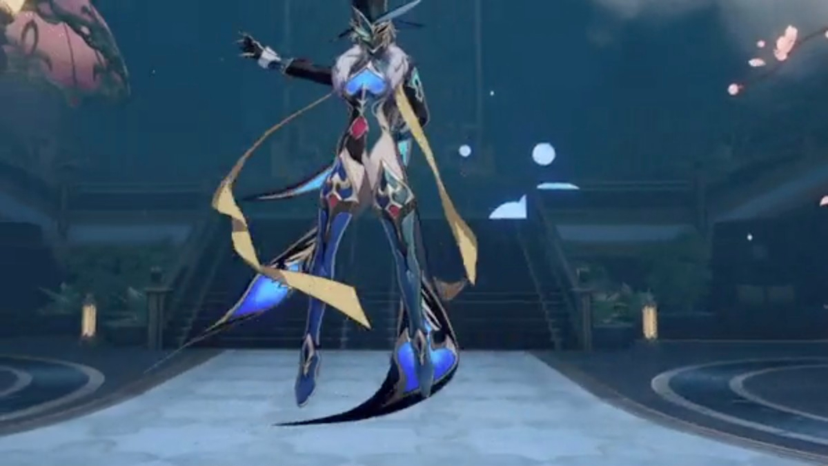 a female anime character in a blue, black, white, and gold suit, with a sword, floats in the air, posing with a determined look. the background is a blue and grey fantasy setting with a light blue floor and a dark blue sky.