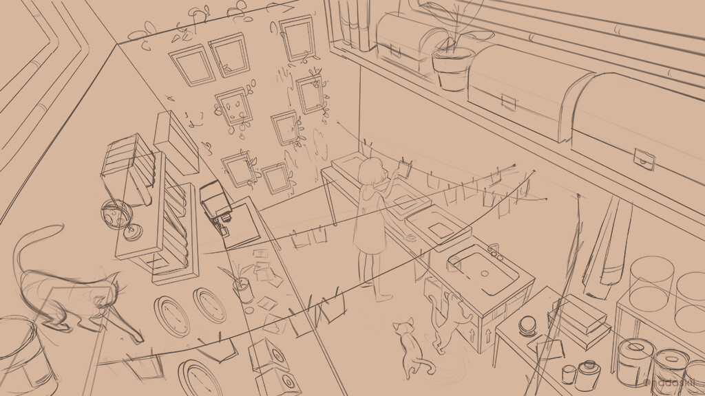 a black and white line art sketch of a room interior. the room appears to be a messy, cluttered space with lots of objects and furniture. there is a person in the room standing near a table with a sink and a shelf full of books. there are two cats in the room, one laying on the floor and one standing next to the table. there are many other objects throughout the room, such as clocks, books, a vase, a chair, and a lamp.