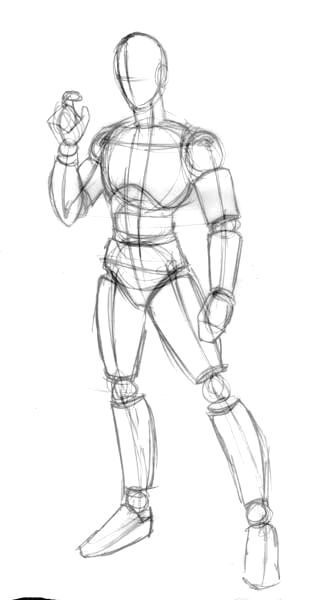this is a simple sketch of a human figure, drawn in pencil. it is a basic outline of the human body with minimal detail, focusing on the pose and shape of the figure. the drawing is likely intended for practice or as a starting point for a more detailed drawing.