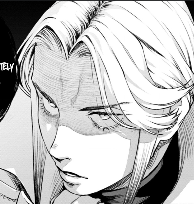 a dramatic black and white illustration of a woman with long hair and a determined expression on her face. her eyes are wide and intense, conveying a sense of focus and strength. a prominent scar runs across her forehead, adding to her hardened appearance. the closeup composition and low angle perspective enhance the dramatic effect of the image.