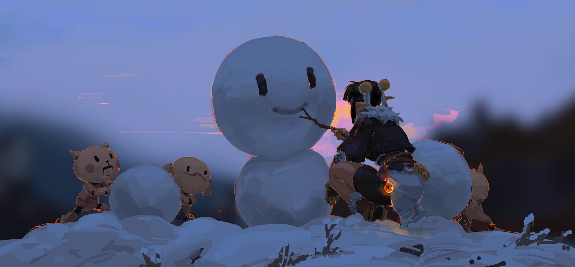 a digital painting in an anime style depicts a scene of a young girl and several small, cute creatures building a snowman at dusk. the girl is dressed in dark clothing with fur trim and is carefully adding a twig for a mouth to the large snowman. the smaller creatures are helping by rolling snowballs. the overall tone is whimsical and playful, with a muted color palette that emphasizes the soft light of the setting sun. the style is painterly and loose, giving the image a dreamlike quality.