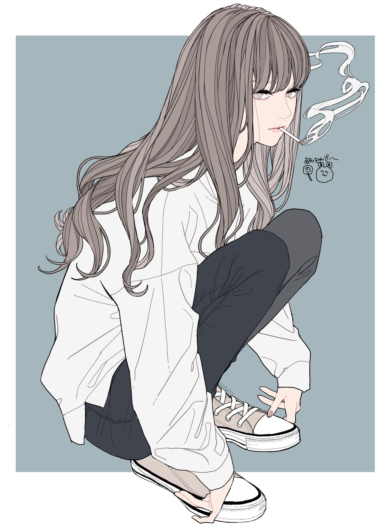 an anime style illustration of a girl squatting while smoking a cigarette. she has long, grey hair with bangs. she is wearing a baggy white shirt and black pants. she is also wearing sneakers and is tying one of them. there is a doodle next to her head, with smoke coming out of the cigarette. the background is a solid color.