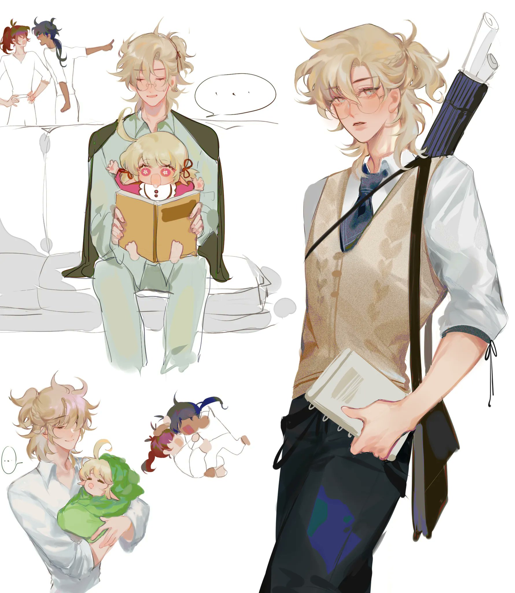 he image is a collection of digital drawings featuring several animestyle characters. the main focus is on a blondehaired male character with glasses, wearing a vest and carrying a satchel.  he's depicted in two different poses, one more casual and relaxed, the other more formal. in one scene, the male character is shown sitting and reading a book to a young child.  there are also smaller sketches of other characters, including a couple and another child, suggesting a family setting.  the art style is soft and slightly sketchy, giving a casual and intimate feel. the overall mood is light and heartwarming.