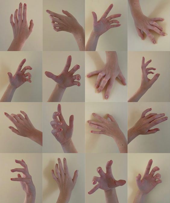 the image contains 16 different hand poses,  with a white background. each pose is a closeup of a hand, showing the various positions and shapes that the hand can make. the hands are all welllit and have nails polished in red and pink, the image is an artistic and anatomical study of the hand, highlighting the flexibility and dexterity of this body part.