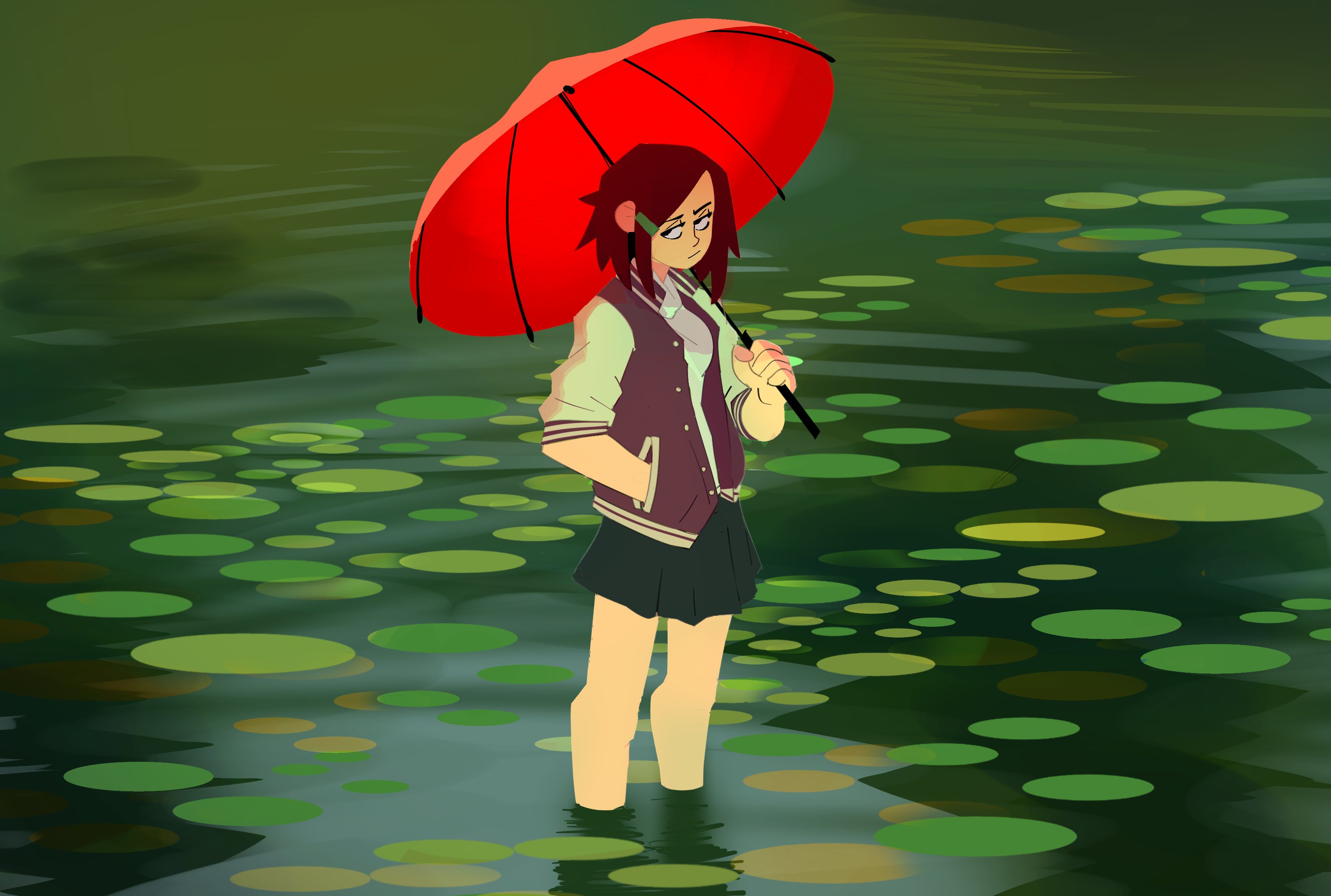 a cartoon girl stands in a pond with lily pads. she is holding a red umbrella and is wearing a school uniform consisting of a green shirt and maroon jacket with a white button up underneath. her dark hair is halfpulled back with a green clip.