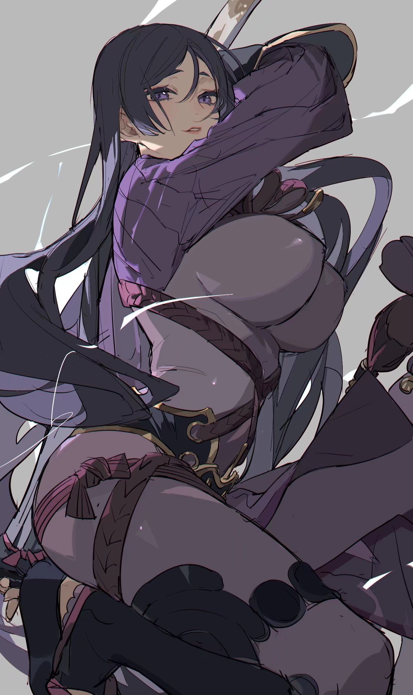 an illustration of a woman with long purple hair and eyes dressed in a kimono and black tights. she has large breasts and cleavage visible.