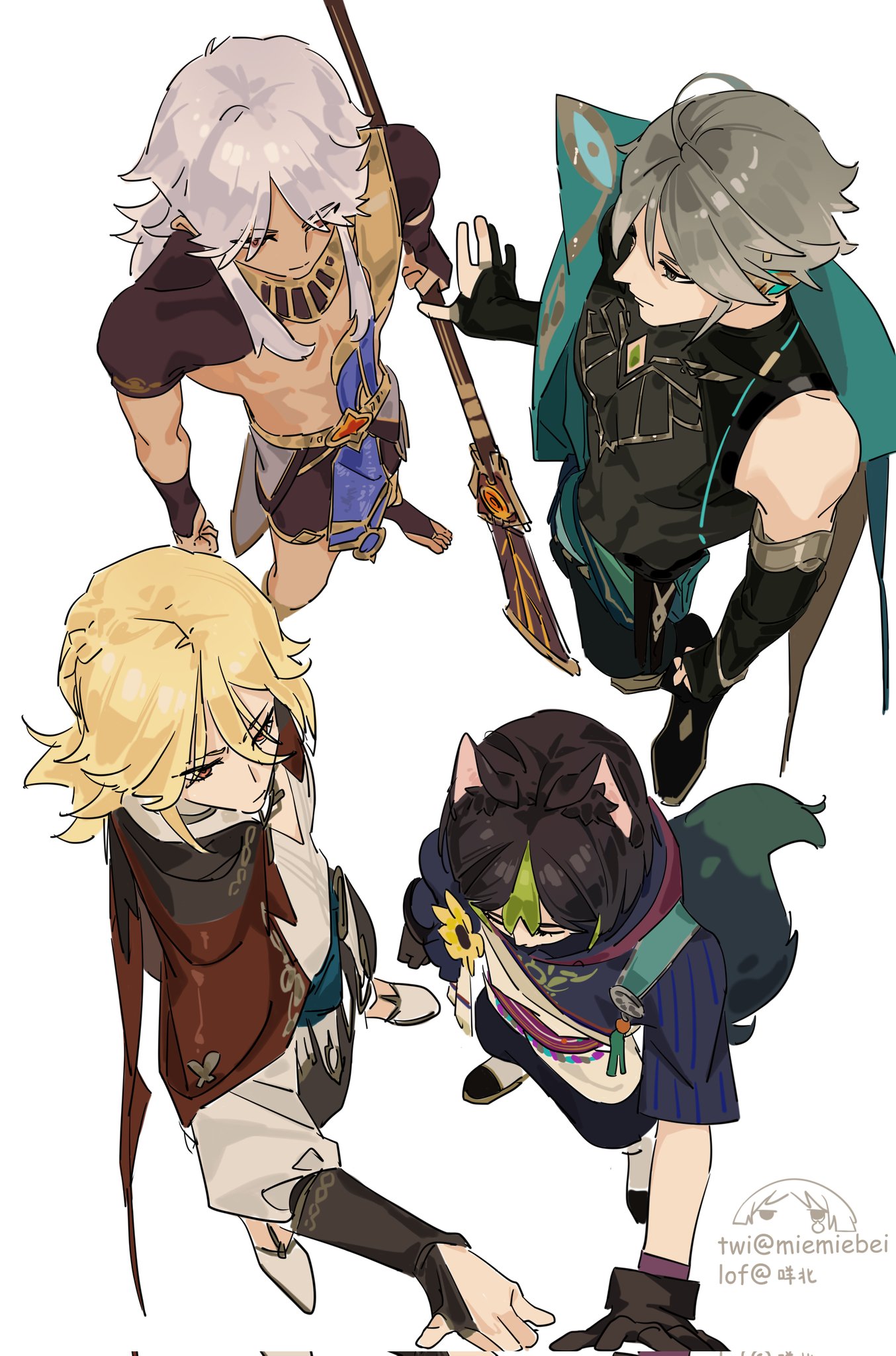 the image is a digital illustration of four anime characters standing against a white background. they are all dressed in colorful clothing with unique weapons and accessories. the characters are from the popular anime series "genshin impact" and have a dynamic pose. the art style is colorful and detailed.