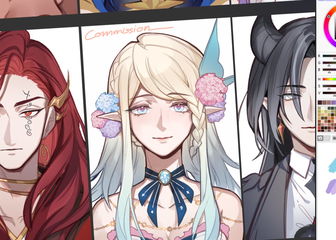 the image is a digital illustration of three anime characters. the character on the left is a male with long red hair and a serious expression. he is wearing a gold necklace and earrings. the character in the center is a female with long blond hair and a friendly expression. she is wearing a pink and white dress and a blue choker necklace with a blue bow. she has flowers in her hair and elf ears. the character on the right is a male with long black hair and a serious expression. he is wearing a black suit and a gold earring.