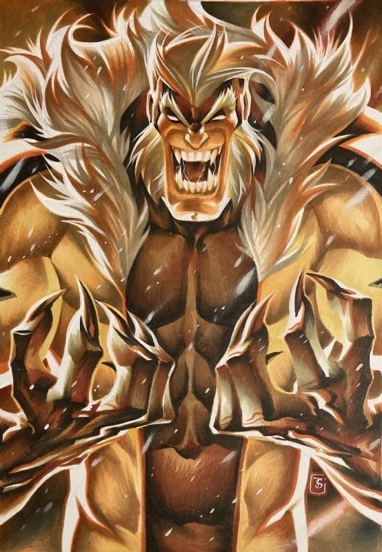 this digital painting depicts sabertooth, a ferocious marvel comics villain, in a closeup portrait. he is shown with his trademark wild white fur, sharp claws, and bared teeth, his eyes glowing with a predatory intensity. the image is rendered in a gritty, realistic style, emphasizing sabertooth's menacing nature. the overall composition is dynamic, with sabertooth's claws and teeth extended in a threatening posture. the painting captures the character's raw power and aggression, highlighting his status as a formidable adversary in the marvel universe.