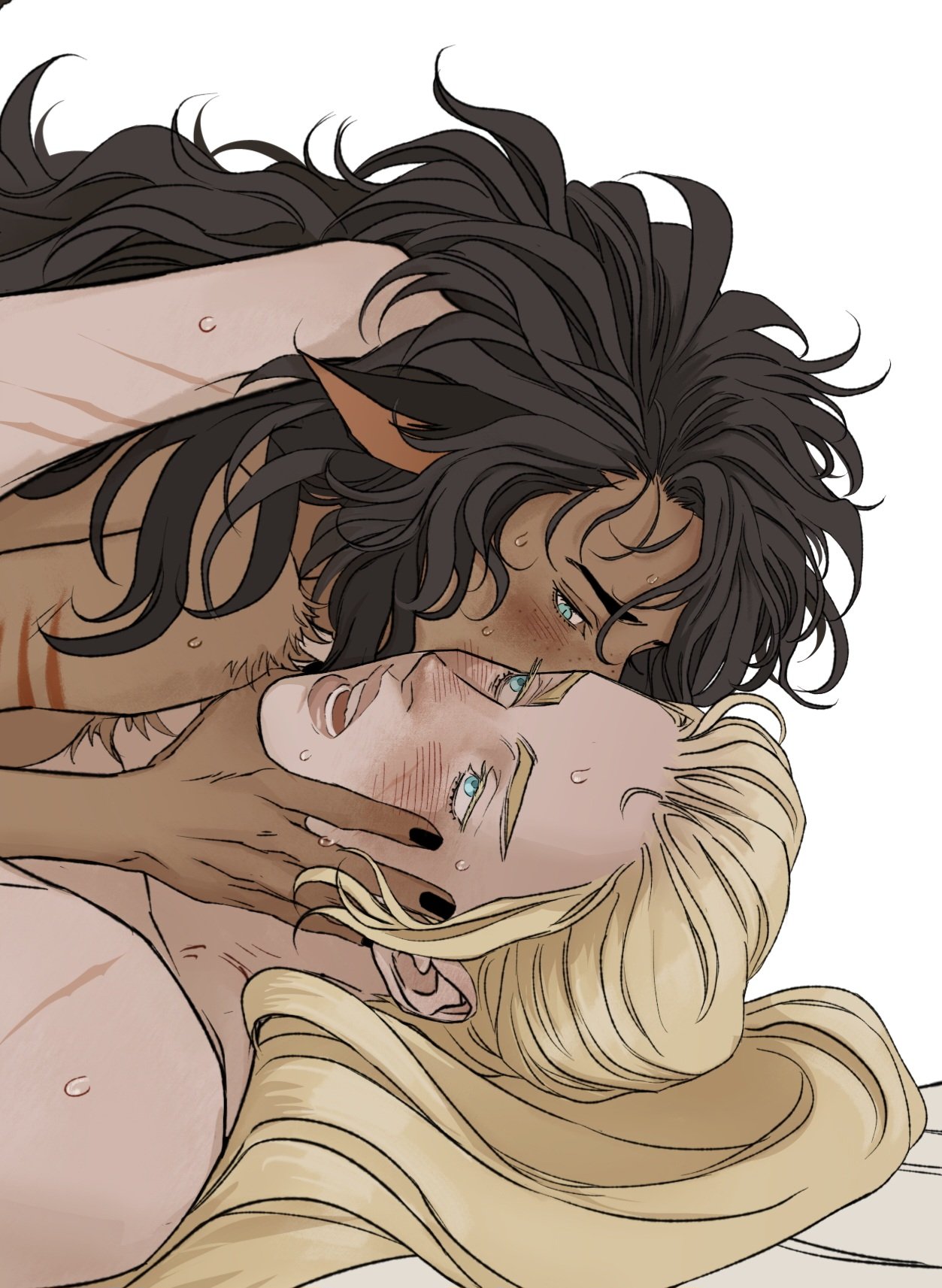 the image is a digital art illustration depicting two nude women in an intimate pose. one woman has dark, wavy hair, tan skin, cat ears, and piercing blue eyes. she's on top and has a hand on the other woman's neck. the other woman has blonde hair, fair skin, and blue eyes. both appear sweaty. they are lying close together on what appears to be a bed. the art style suggests fan art inspired by the characters adora and catra from shera and the princesses of power.