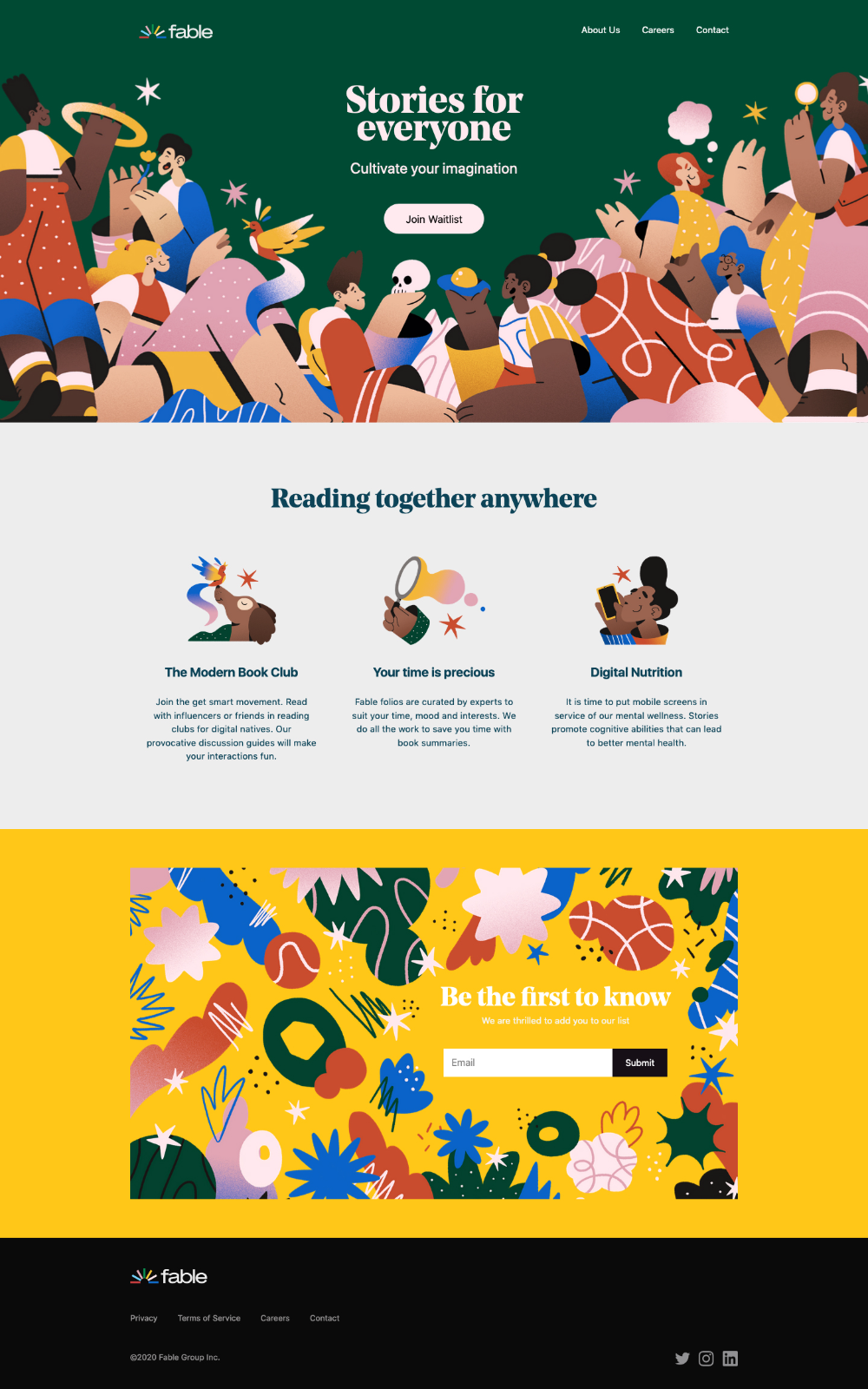 the image shows a website homepage for a digital book club platform called fable. the website features vibrant colors and a playful illustration of people reading and listening to stories. the homepage showcases the platform's features, including a modern book club, time management tools, and digital nutrition resources. the website also invites users to sign up for their email list to be notified about new features and content.  the website's tagline is "stories for everyone. cultivate your imagination."  the overall design is modern, engaging, and inviting, highlighting the platform's mission to make reading accessible and enjoyable for everyone.