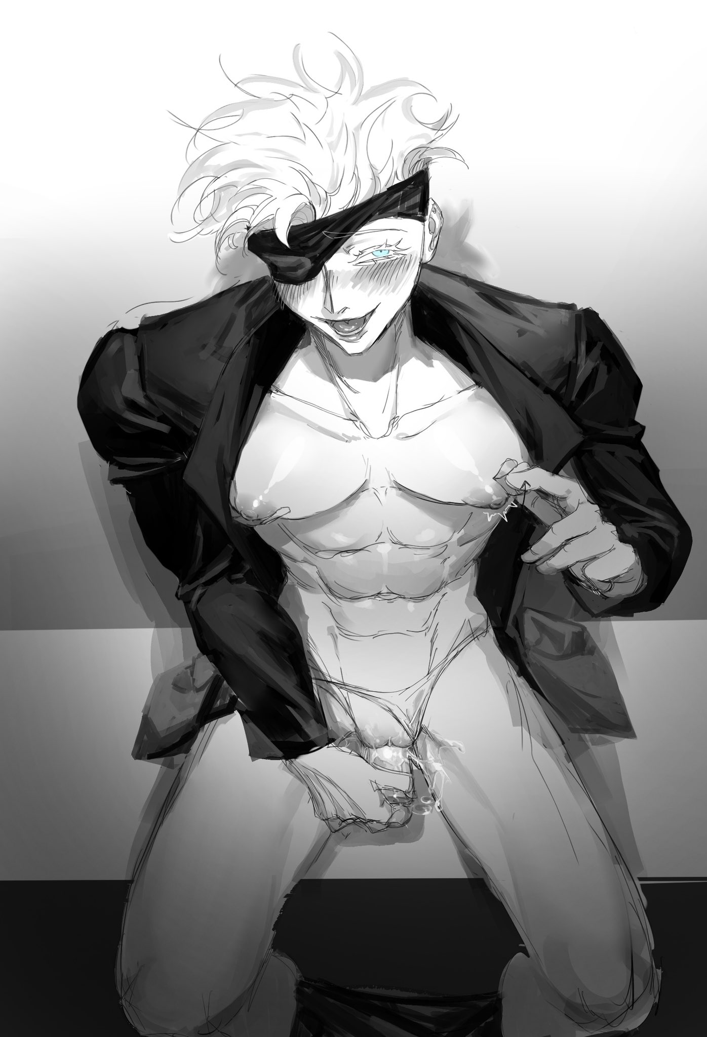 the image is a grayscale drawing of a man, possibly an anime or manga character. he has spiky white hair, an eyepatch over his left eye, and is depicted with his jacket partially open, revealing a muscular, partially naked torso. his expression is a smirk, and his pose is suggestive and provocative. his hands are near his genitals, implying masturbation. the style is sketchy and expressive, focusing on the character's body and attitude. the background is a simple, plain gray. the overall mood is sensual and slightly erotic.