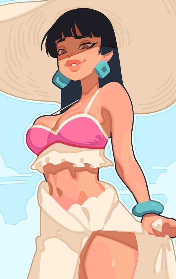the image features a confident and attractive young woman enjoying a sunny day at the beach.  she is wearing a stylish pink bikini top and a flowing white sarong that accentuates her tanned skin. her long, dark hair cascades over her shoulders, and a widebrimmed straw hat shields her eyes from the sun. she is accessorized with large, square earrings and matching bracelets, adding a touch of chic to her beach look. the image's low angle perspective emphasizes her curves and adds to her allure. the bright sunlight and vibrant colors evoke a sense of warmth and summer fun.