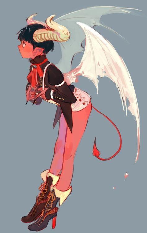 a drawing of a demon girl with red skin, black hair, and horns. she has white wings and a red tail. she is wearing a black coat, white ruffled shirt, and black boots with red heels. she is standing in profile against a gray background.