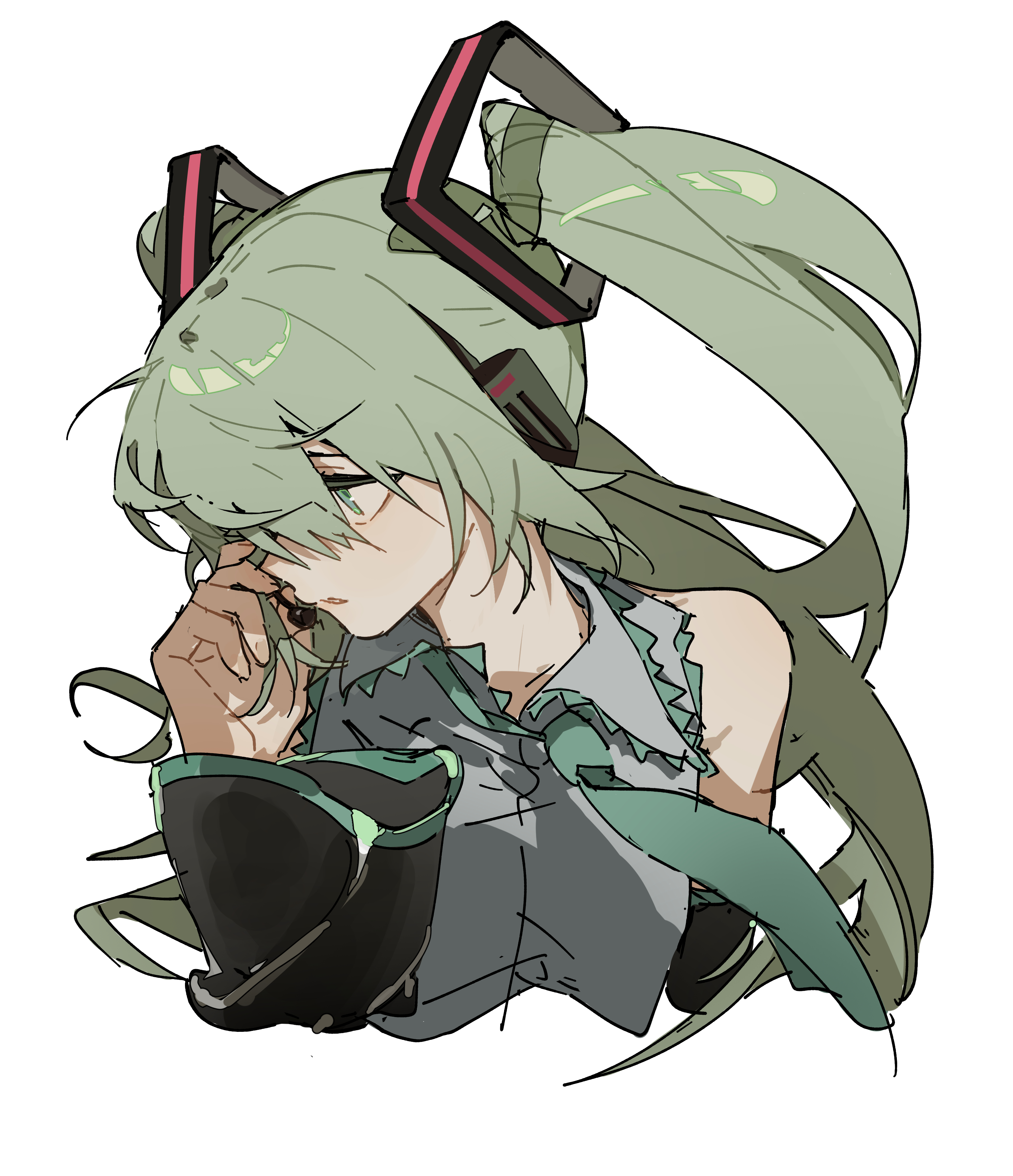 the image is a digital art illustration of hatsune miku, an anime girl character. she has long green hair styled in pigtails with her signature headphones. she is depicted with a somewhat sad expression, her hand partially covering her face. the artwork is done in a sketchy, illustrative style, featuring an asymmetrical cut and a grey outfit. the background is plain white.