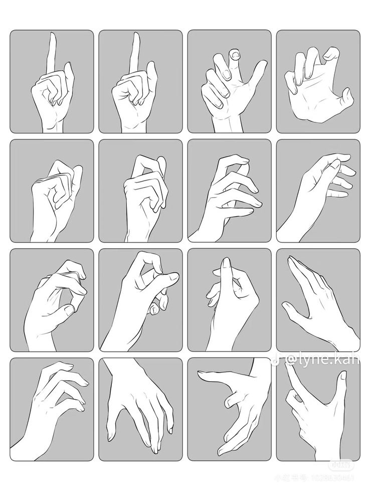 the image is a collection of sixteen grayscale illustrations depicting different hand gestures and poses. the illustrations appear to be drawn in a clean, sketchlike style, providing a visual reference for artists or those studying hand anatomy. each hand is set against a gray background, and the poses are varied, showing different finger positions and overall hand shapes. the image is likely intended as a resource for drawing or studying hand anatomy.