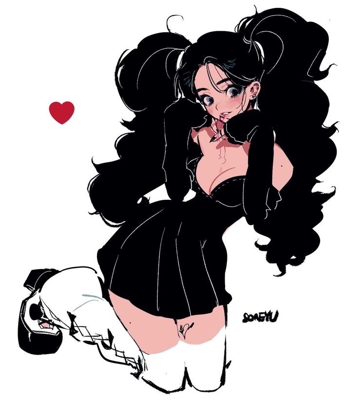 the image is of a cute anime girl with long black hair, wearing a black dress and white stockings.