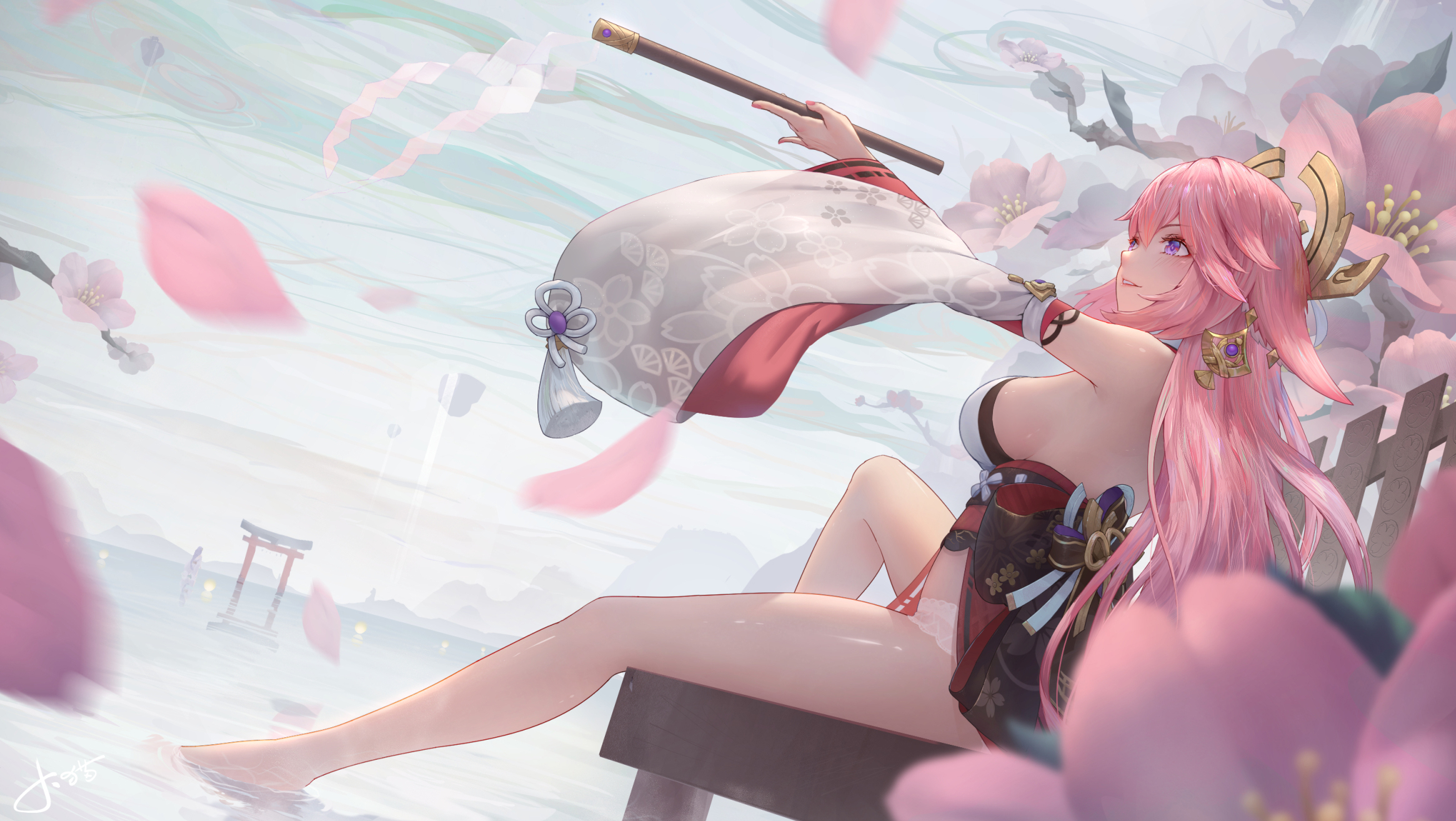 the image shows a beautiful anime girl with long pink hair sitting on a wooden platform by a body of water. she is wearing a partially transparent kimonostyle dress and holding a staff. cherry blossoms are falling around her, and the overall scene is peaceful and serene. the art style is soft and dreamy, with pastel colors and delicate details.