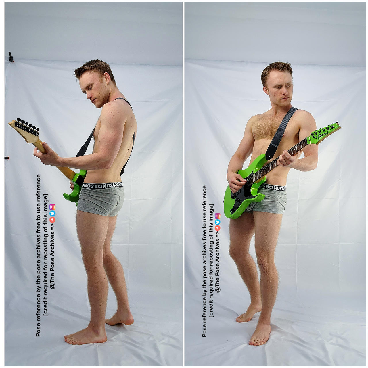 a shirtless man with a muscular build is captured in two different poses playing a neon green electric guitar against a white backdrop. he is wearing grey underwear and appears to be a model for a "pose reference" as indicated by the text overlay. the images are welllit, suggesting a studio environment.