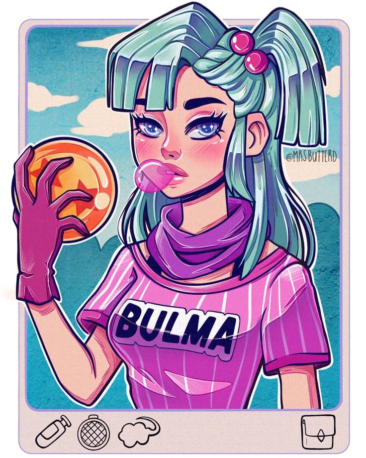 a digital illustration of the character bulma from the anime series dragon ball z. bulma has blue hair and pink eyes and is wearing a pink striped shirt that says bulma. she is holding a yellow dragon ball in her left hand.