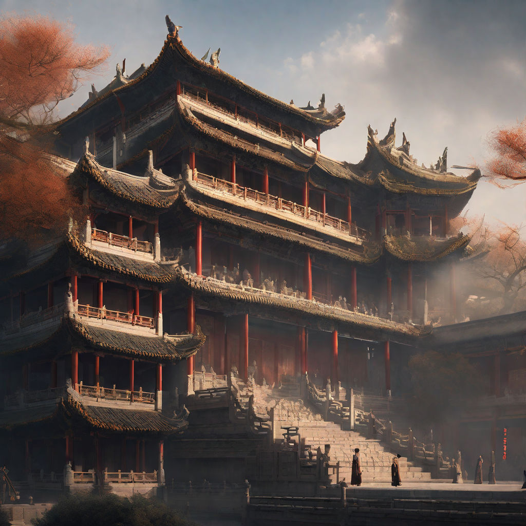 this is a digital art of an ancient chinese palace. a grand, multitiered structure with intricate wooden details and red accents stands tall against a backdrop of a cloudy sky. trees with reddish leaves frame the palace. a few individuals can be seen navigating the spacious courtyard. the scene is illuminated by soft daylight, creating an atmosphere of serenity and grandeur.