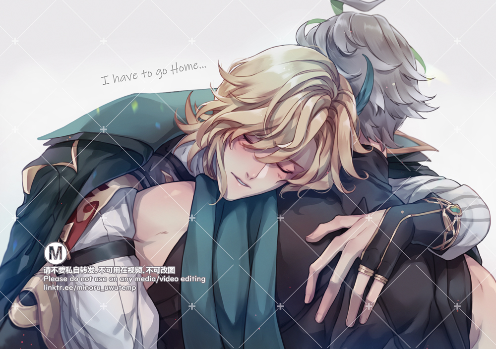 the image depicts a scene of two anime boys embracing each other. the boy with blonde hair is resting his head on the other boy's shoulder, who has grey hair. the blonde boy is wearing a green and black outfit, while the greyhaired boy is wearing a white and black striped shirt with a green and gold arm band. the blonde boy appears to be crying or sad. the image has a soft and gentle tone, suggesting a close and loving relationship between the two boys. the image is likely part of a romantic anime or manga series.