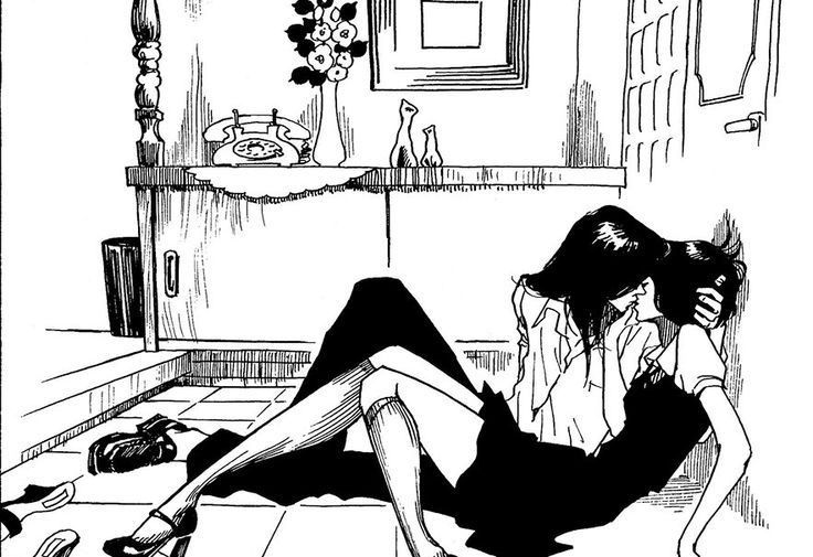 black and white drawing of two women kissing on the floor, with furniture, shoes, lamp, vase, cats, frame and door in the background.