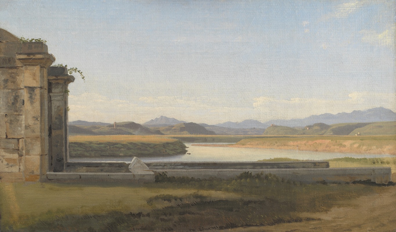 the image is an oil painting depicting a serene landscape. in the foreground, a weathered stone structure resembling ancient ruins stands partially on the left. ivy and plants grow on the structure. a low stone wall extends from the ruins into the middle ground. beyond the wall lies a flat grassy area, and beyond that is a wide, slowmoving river that curves through the landscape. in the distance, rolling hills and mountains are visible under a pale blue sky with scattered clouds. the overall mood of the painting is tranquil and evokes a sense of timelessness. sunlight casts a soft glow across the scene.