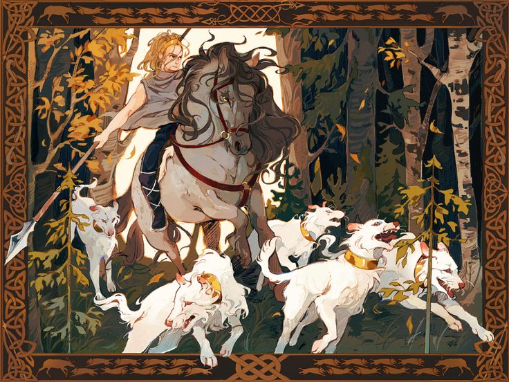 he artwork depicts a fantasy scene with a young blondehaired man riding a majestic white horse through an autumnal forest. he is armed with a spear, and a pack of white hunting dogs surrounds him. the style is reminiscent of fantasy illustrations, with a blend of realism and stylized elements, particularly in the rendering of the animals and the autumnal environment.  the scene is framed by an intricate celticstyle knot border.  the overall atmosphere is one of adventure and possibly a hunt.