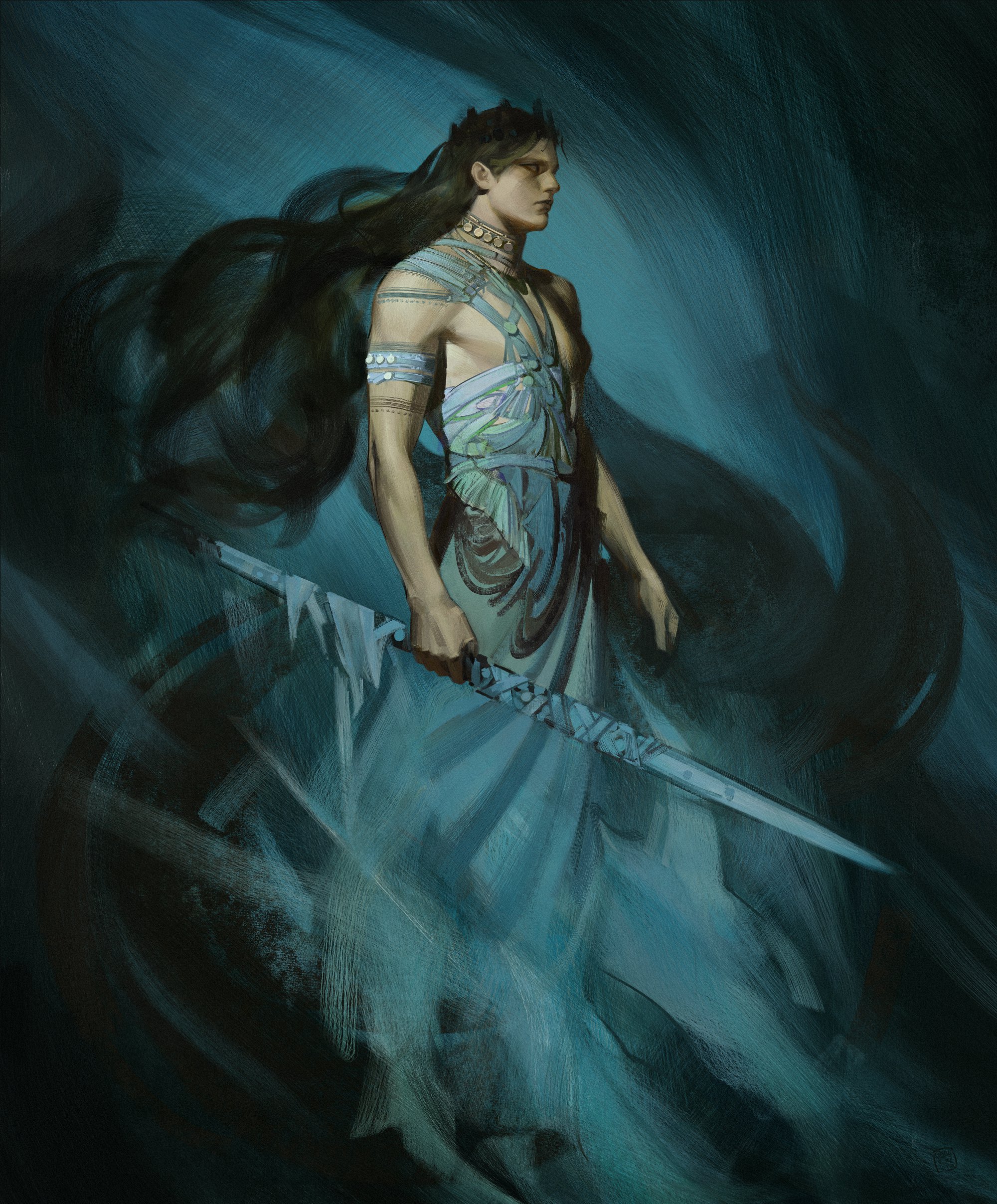 he image is a digital painting of a fantasy figure, likely a male character given the physique, with long dark hair, wearing a crown and flowing teal/blue clothing adorned with intricate details. he holds a sword, and the overall style is ethereal and mysterious, with a dark, swirling background that seems to blend with his attire. the brushstrokes are visible, contributing to the painting's textured and atmospheric feel.  the figure is depicted in a slightly threequarter view, and his expression is serious and composed. the color palette is predominantly teal and dark blue, creating a moody and dramatic atmosphere.