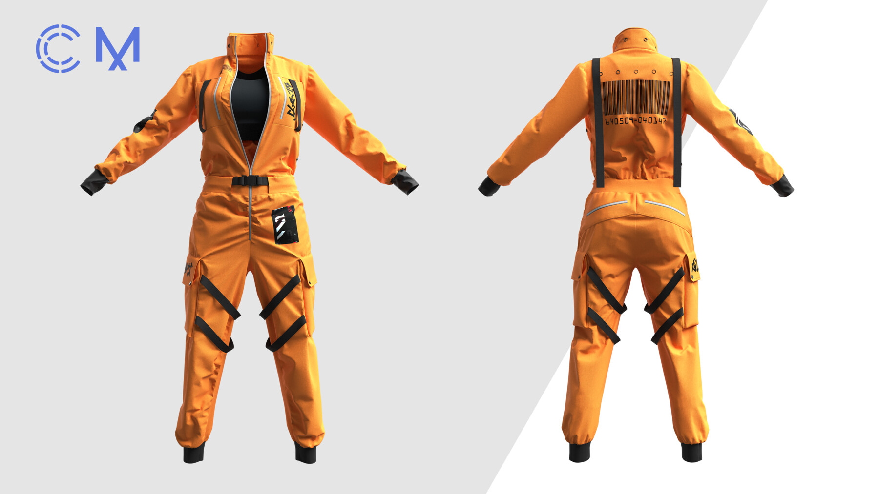 a full body image of a woman in an orange jumpsuit, the image is split into two parts, one showing the front of the jumpsuit and the other showing the back, the jumpsuit has black straps and cargo pockets and looks futuristic and stylish.