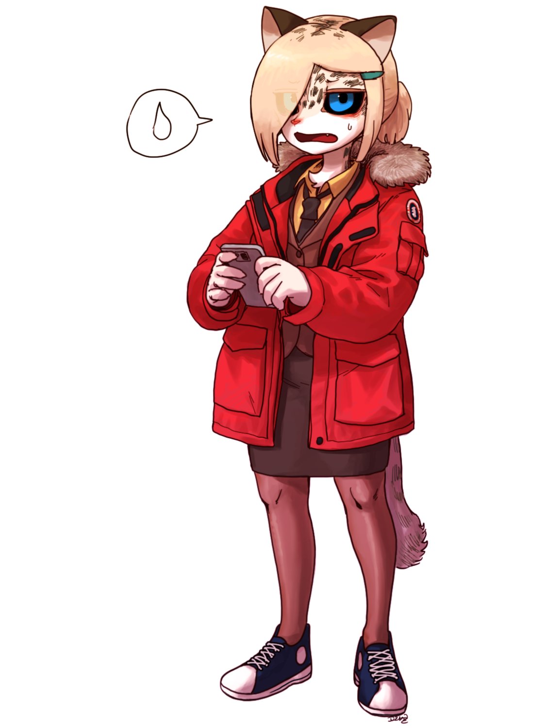 a cartoon illustration of a sadlooking girl with cat ears. she is wearing a red jacket, a skirt, and has a fluffy tail. she is holding a phone in her hands and seems to be upset, worried, and looking down at her phone. the background is white.  the art is in a digital anime style.